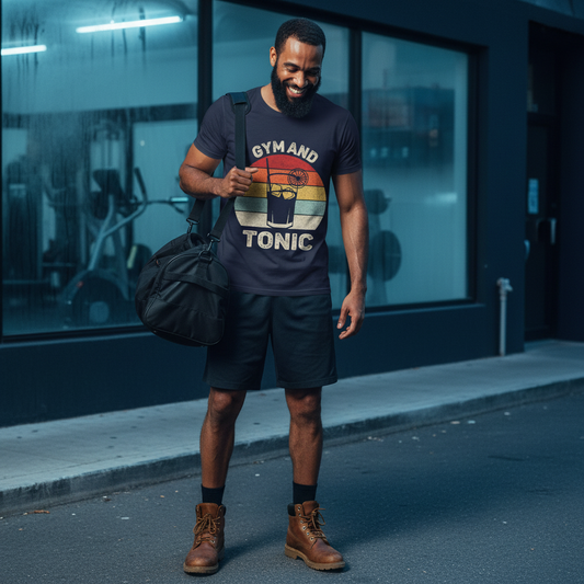 Man wearing a 'Gym and Tonic' tee.