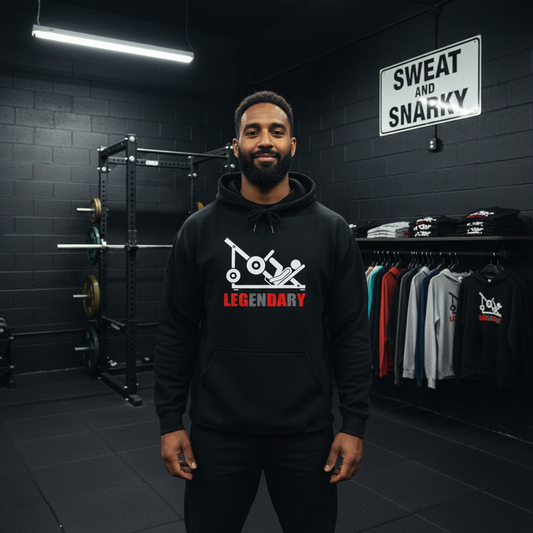 Man wearing a black hoodie with 'Legendary' graphic in a gym setting