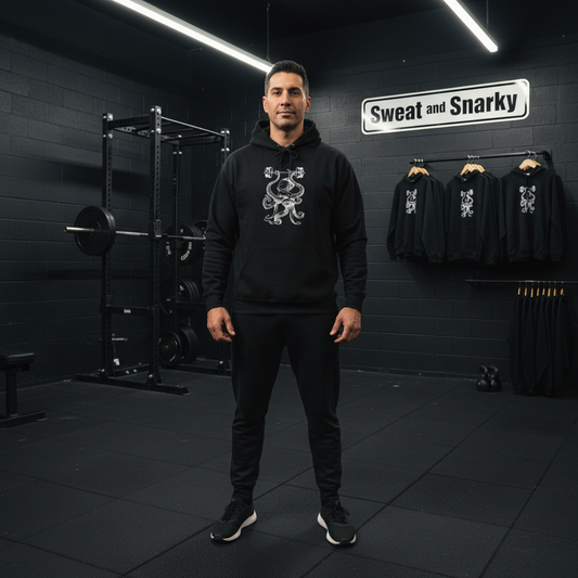 Man wearing a black hoodie with a logo in a gym setting, with 'Sweat and Snarky' branding visible.