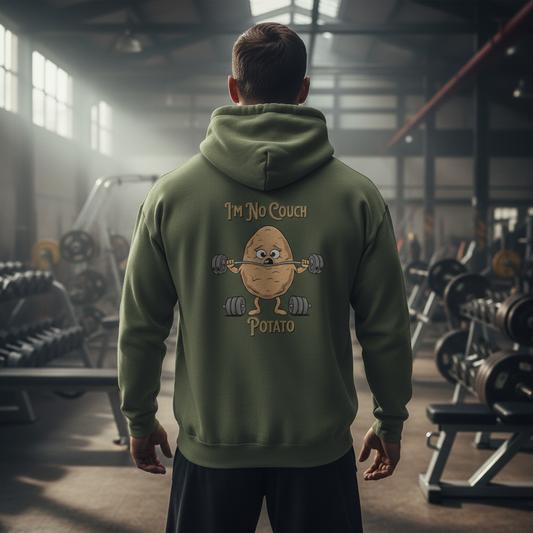 Person wearing a green hoodie with a humorous design in a gym setting