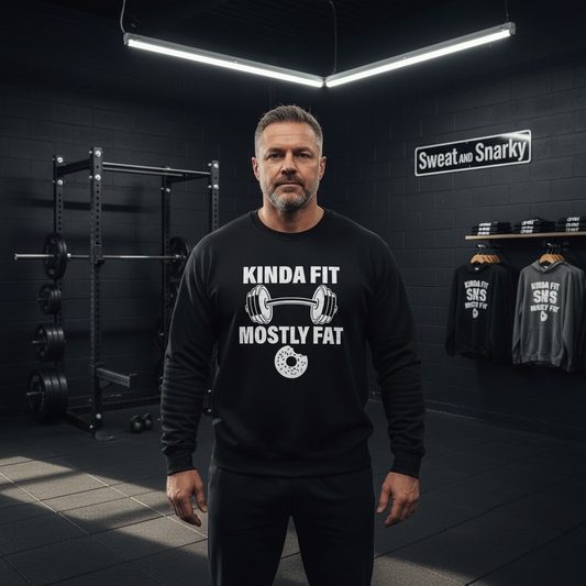 Man wearing a black sweatshirt with humorous text in a gym setting