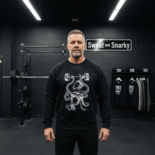 Man wearing a black sweatshirt with a graphic design in a gym setting.