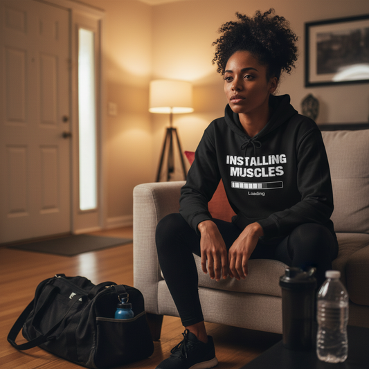 Person wearing a hoodie with text sitting on a couch in a living room.