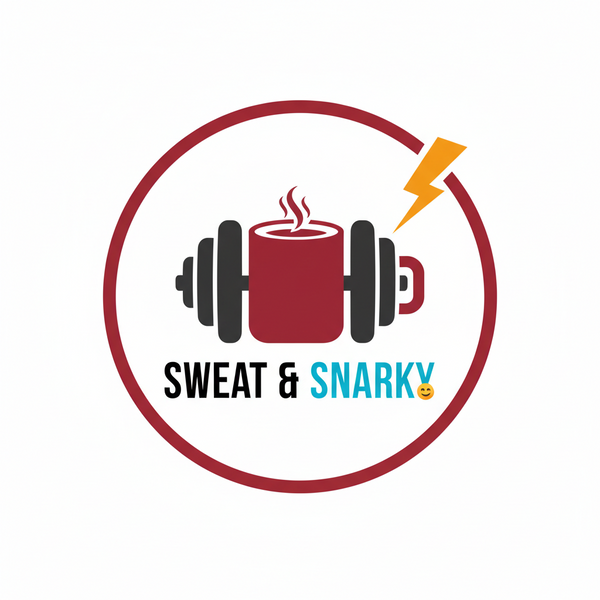 Logo with a mug, dumbbells, and a lightning bolt with 'Sweat & Snarky' text.
